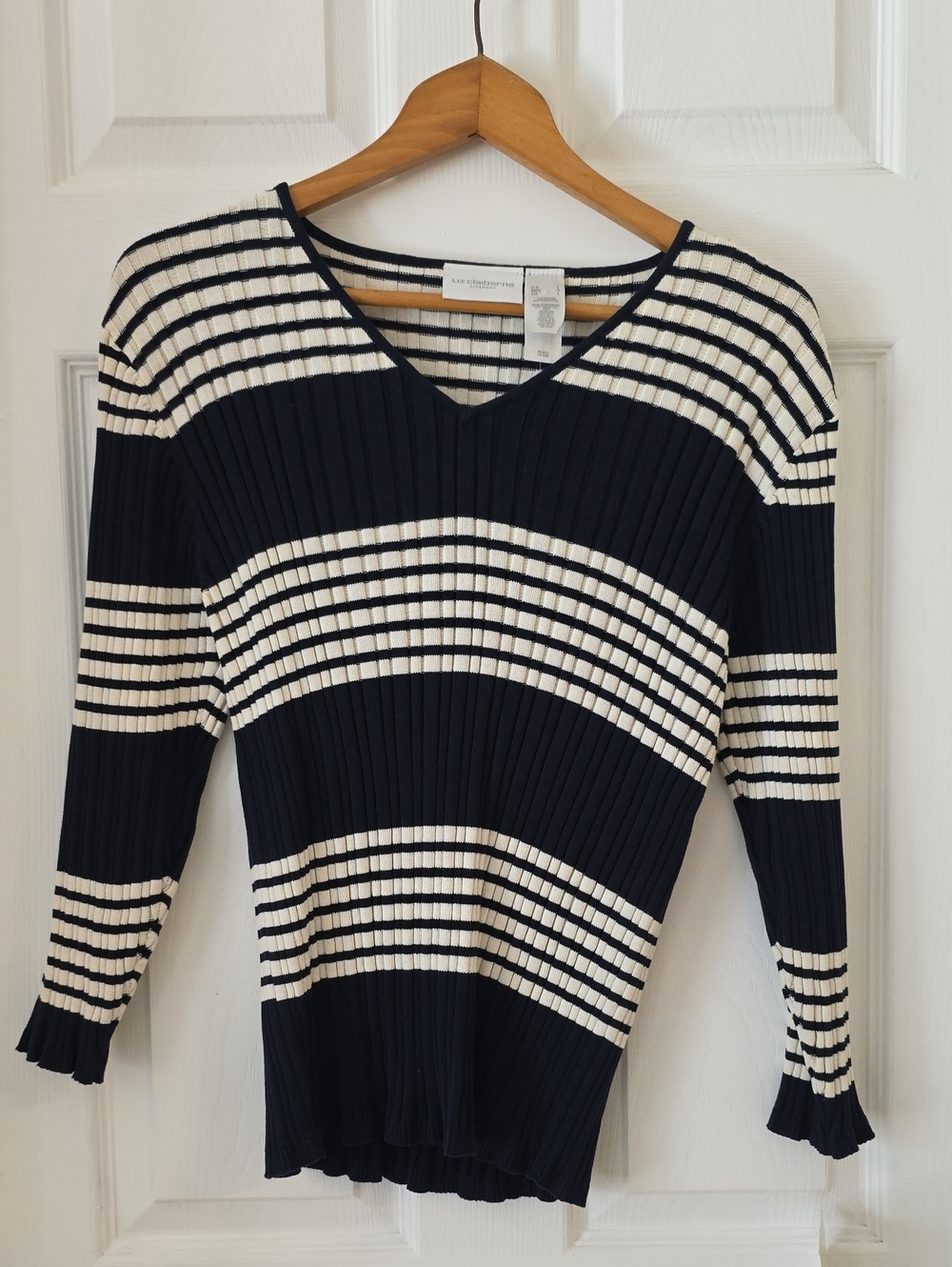 Vintage Liz Claiborne Navy & White Striped Ribbed V‑Neck Sweater New Old Stock L